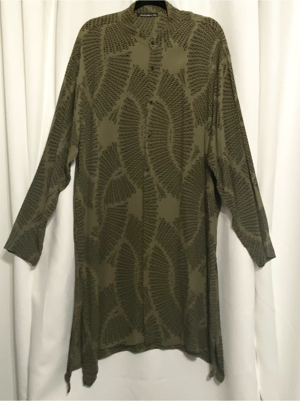 Manaola Men's Olive Green Geometric Print Rayon Longline Tunic Shirt Sz 2XL